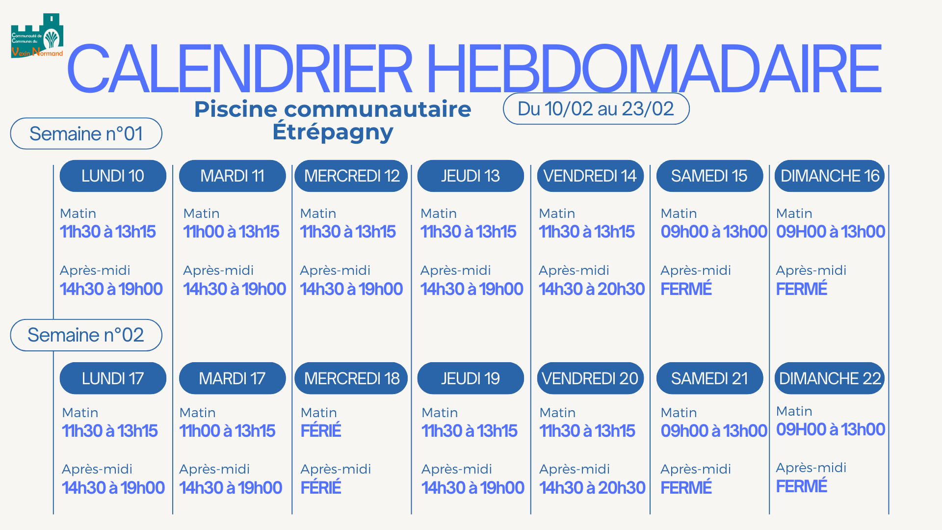 Calendrier horaires vacances de février